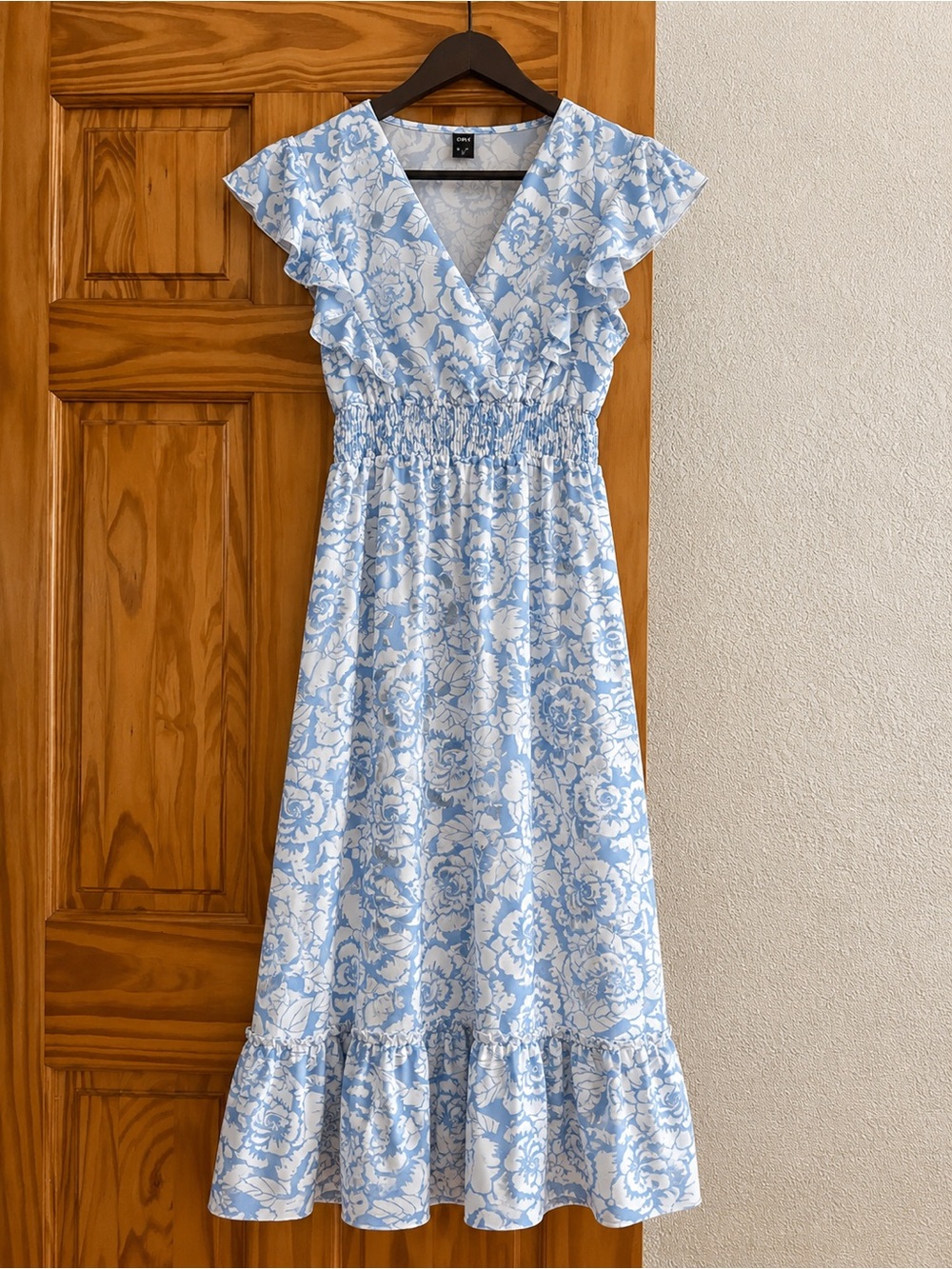 SHEIN Light Blue & White Floral Ruffle Midi Dress